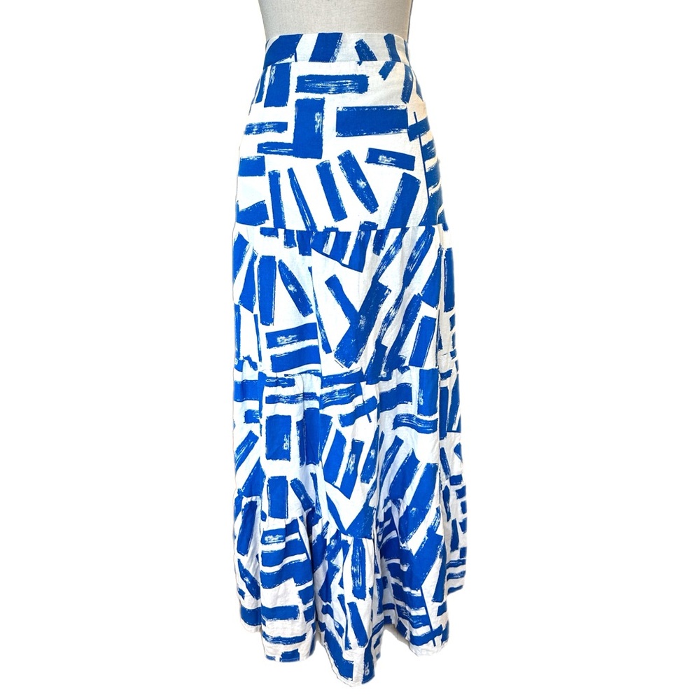 House of Harlow 1960 Blue and White Geometric Pattern Linen Maxi Prairie Skirt